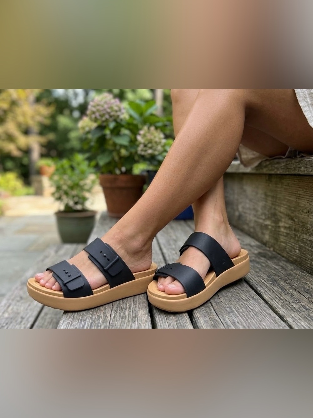Crocs LiteRide 360 Double Strap Platform Slide Sandals - Black Tan Size 9